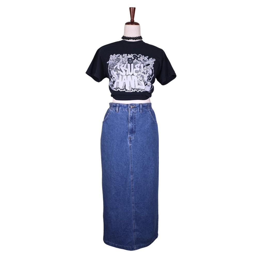 Vintage LEE Denim Maxi Skirt Size 8 Blue Elastic Waist Slit 90s Cottagecore Y2K